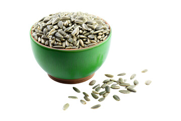 a green bowl filled with sunflower seeds