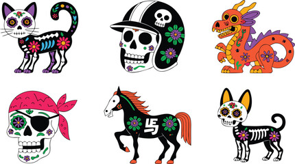 Colorful Sugar Skull Animals and Skull in Helmet for Day of the Dead Celebration
