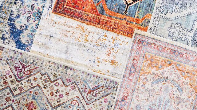 Macro zoom shows diverse carpet samples arranged neatly on floor
