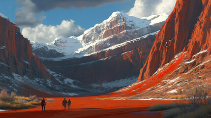 A romantic couple strolling hand in hand through a vast golden desert under a clear blue sky