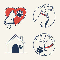 Collection of stylized icons representing pets love and animal care