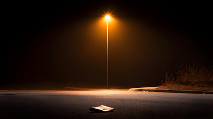 Empty road at night, lit by a lone street lamp. Foggy, still, and quiet. A discarded object lies on the asphalt