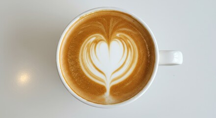 Top view of a cappuccino with heart-shaped latte art in a white mug, placed on a plain surface
