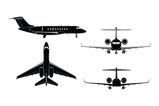 Silhouette Views of a Private Jet: Top, Front, Side, and Rear Perspectives, Isolated