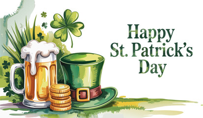 Happy St. Patrick's Day Beer, Gold Coins, Green Leprechaun Hat, and Shamrocks Illustration