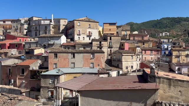 Urban panorama of Rossano Calabro. The Ionian Sea in the distance.