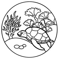 Cute cartoon sea turtle swimming among coral and anemones in a circle