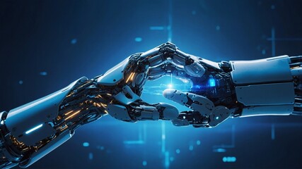 Futuristic concept of a human hand shaking hands with a robotic arm. Glowing digital interface, symbol of AI and human synergy.