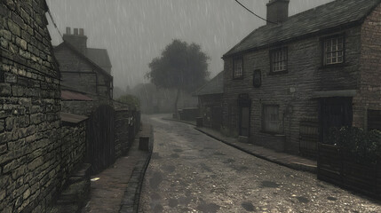 A rain-swept village street, with gray stone houses lining a narrow road.  Heavy rain falls, creating a dark and moody atmosphere