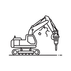 Naklejka premium Excavator with jackhammer attachment icon for demolition construction site heavy machinery and road breaking industrial equipment line vector stroke