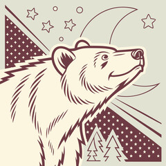 Stylized bear under a crescent moon and starry night sky