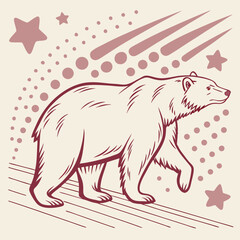 Stylized polar bear walking under a starry sky with shooting stars