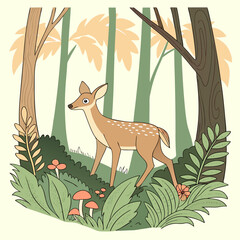 Cute fawn wanders through a lush forest with mushrooms and flowers