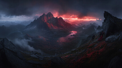 Majestic mountain scene featuring a hiker on a rocky peak surrounded by breath-taking nature