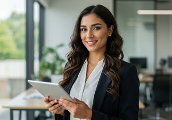 A confident businesswoman smiles while holding a tablet in a modern office setting