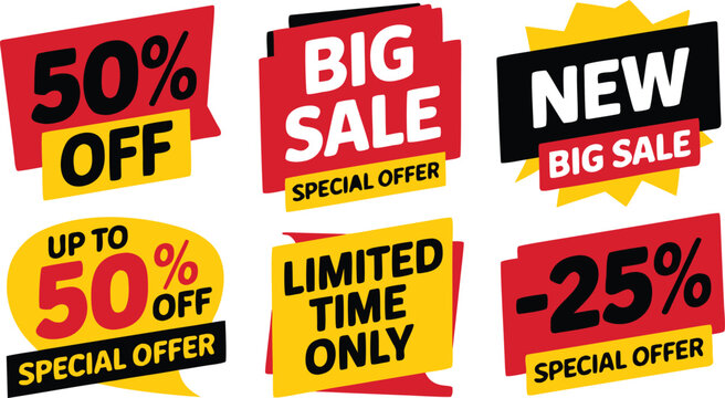 Six Bright Sale Tags Featuring Discounts and Special Offers for a Limited Time Only