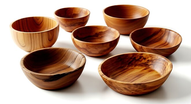 Collection of seven wooden bowls with natural grain patterns on a white background kitchen serving