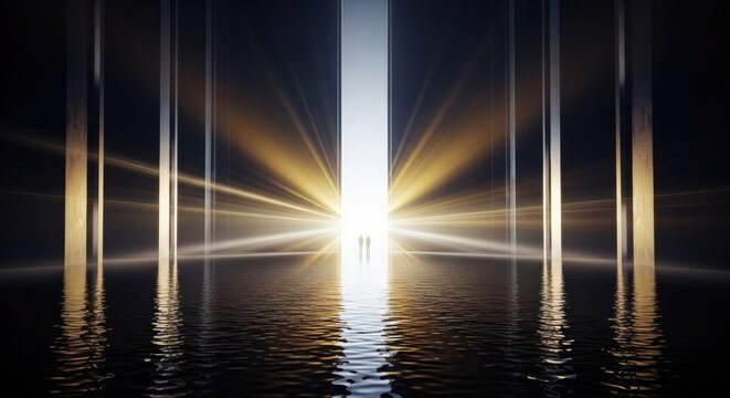 A luminous threshold beckons, casting radiant beams across a serene reflective expanse towards - Powered by Adobe
