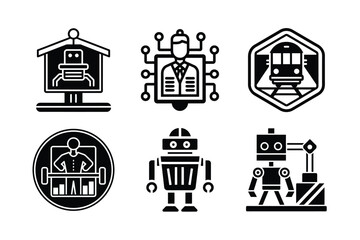 A collection of black glyph icons illustrating concepts of artificial intelligence, robotics, and industrial automation.