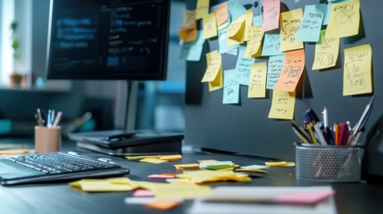 A chaotic workspace covered in sticky notes with doodles and strange phrases