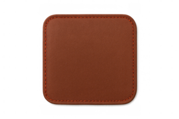 Close-up of a square brown leather patch featuring prominent orange stitching, ideal for adding a touch of rustic charm to designs with its transparent background