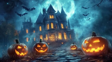 Spooky haunted house at night with jack-o'-lanterns
