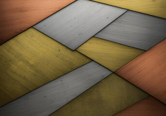 Abstract wallpaper featuring geometric patterns in metallic gold, silver, and copper, arranged in overlapping layers to give a sense of depth and industrial chic, photographed in a brightly lit studio