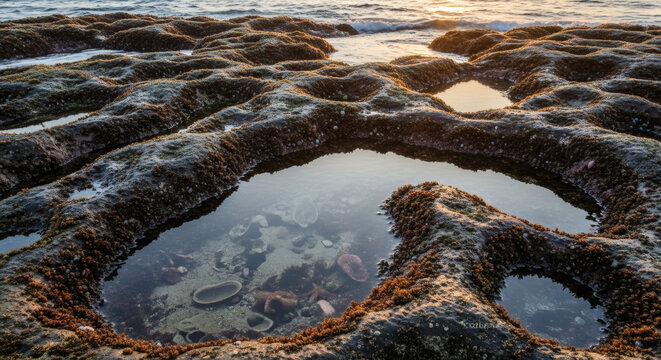 Rocky shoreline at sunset featuring tide pools filled with water and marine life, with the sun setting over the ocean in the background.