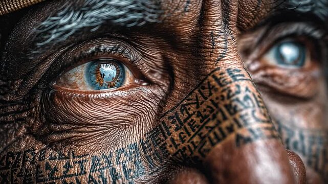 Extreme close-up of a blind nomadic elder's face showcasing intricate facial tattoos and expressive eyes