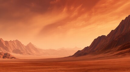 Naklejka premium Vast desert landscape with dramatic orange skies and distant mountains under a serene atmosphere