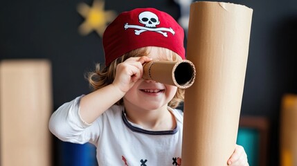 A child dressed as a pirate looking through a telescope made of cardboard