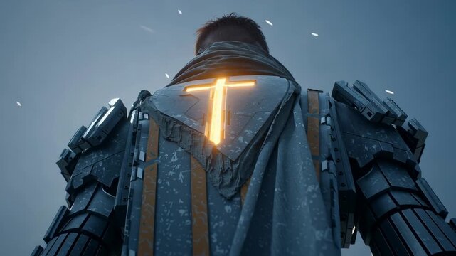 Futuristic templar soldier gazes over an endless horizon in a sci-fi landscape