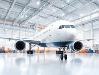 Commercial Jet in a Hangar: A pristine commercial jet aircraft sits gracefully within a vast, well-lit industrial hangar, evoking a sense of aviation and travel. 