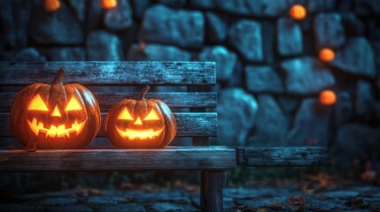 Halloween pumpkins on weathered bench, stone wall