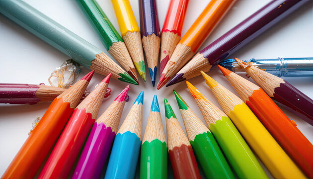 A colorful array of sharpened pencils arranged in a circle on a white surface with pencil shavings