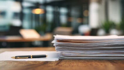 Stack of Documents and a Pen on a Wooden Table, Indicating Office Work and Paperwork