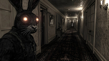 A shadowy rabbit-like creature stands in a long, eerie hotel hallway.  Its glowing red eyes stare out into the darkness.  Dimly lit rooms and a sense of dread