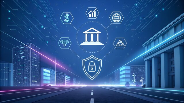 Digital banking concept with city buildings and financial icons on a blue background scene
