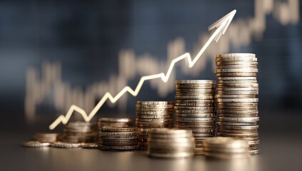 Stacks of coins represent financial growth with an upward trending arrow, symbolizing increasing value and investment success.