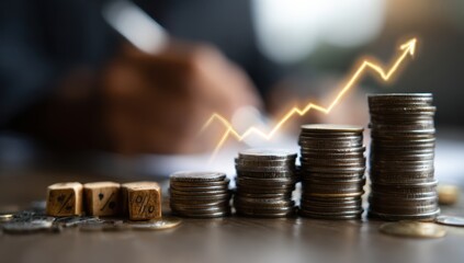 Stacks of coins representing financial growth are highlighted by a golden upward-trending line, symbolizing increasing value over time.