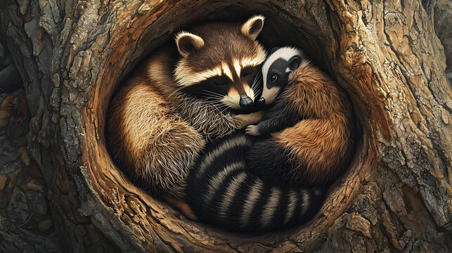 Two raccoons snuggle together in a tree hollow.  A mother and baby, close, safe and warm