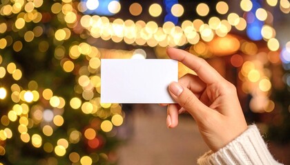 Blank business card held by hands with blurred background lights