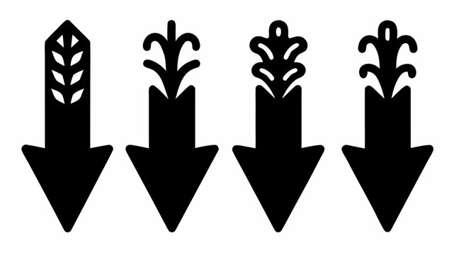 Four black arrows pointing down with decorative tops including wheat and stylized floral elements design | editable eps vectors silhouette