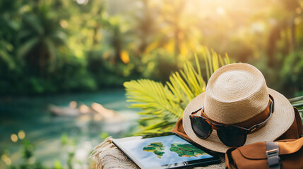 Woman wearing a straw hat and sunglasses sitting on a rock with a tablet enjoying nature