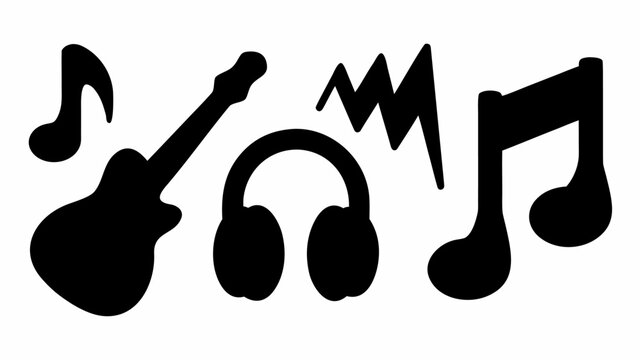 Illustration of music symbols including a guitar headphones music notes and sound waves in black silhouette | editable eps vectors