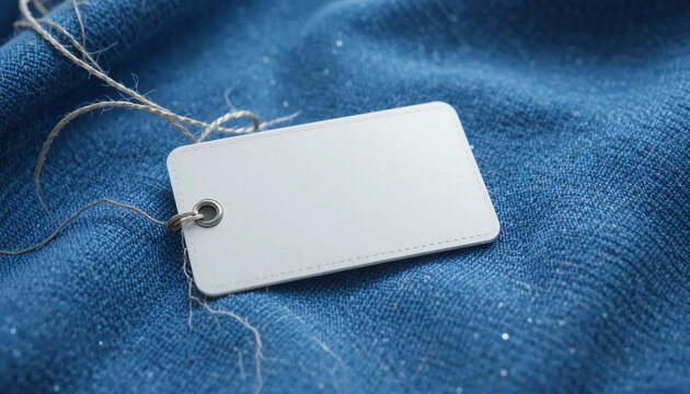 A blank white tag attached with string resting on a textured blue fabric in a close up shot