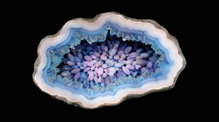 Beautifully polished agate geode revealing stunning purple and blue crystal formations inside