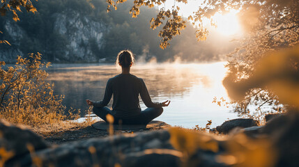 Individual meditating in a peaceful meditation position surrounded by nature and natural beauty