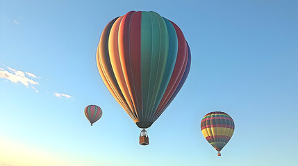 Fototapeta premium Colorful hot air balloons float against a clear blue sky. Three vibrant, striped balloons ascend, each with a basket suspended below. Gentle clouds dot the tranquil sky