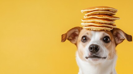 A dog balancing a stack of pancakes on its head
